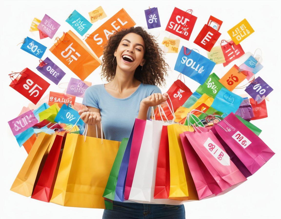 A cheerful shopper holding numerous shopping bags filled with colorful items, surrounded by vibrant sale signs showcasing unbeatable discounts. In the background, stacks of excess inventory items radiating happiness and excitement. A sunlit environment symbolizing positivity and abundance. super-realistic. vibrant colors. white background.
