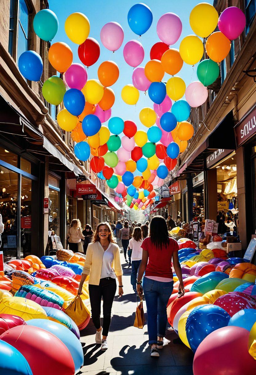 A lively marketplace filled with colorful clearance sale signs showcasing deep discounts. Shoppers with cheerful expressions sifting through vibrant merchandise, including clothing, electronics, and home goods. Balloons floating in the background, adding a festive atmosphere. Bright sunlight illuminating the scene, creating a warm and inviting vibe. super-realistic. vibrant colors. cheerful atmosphere.