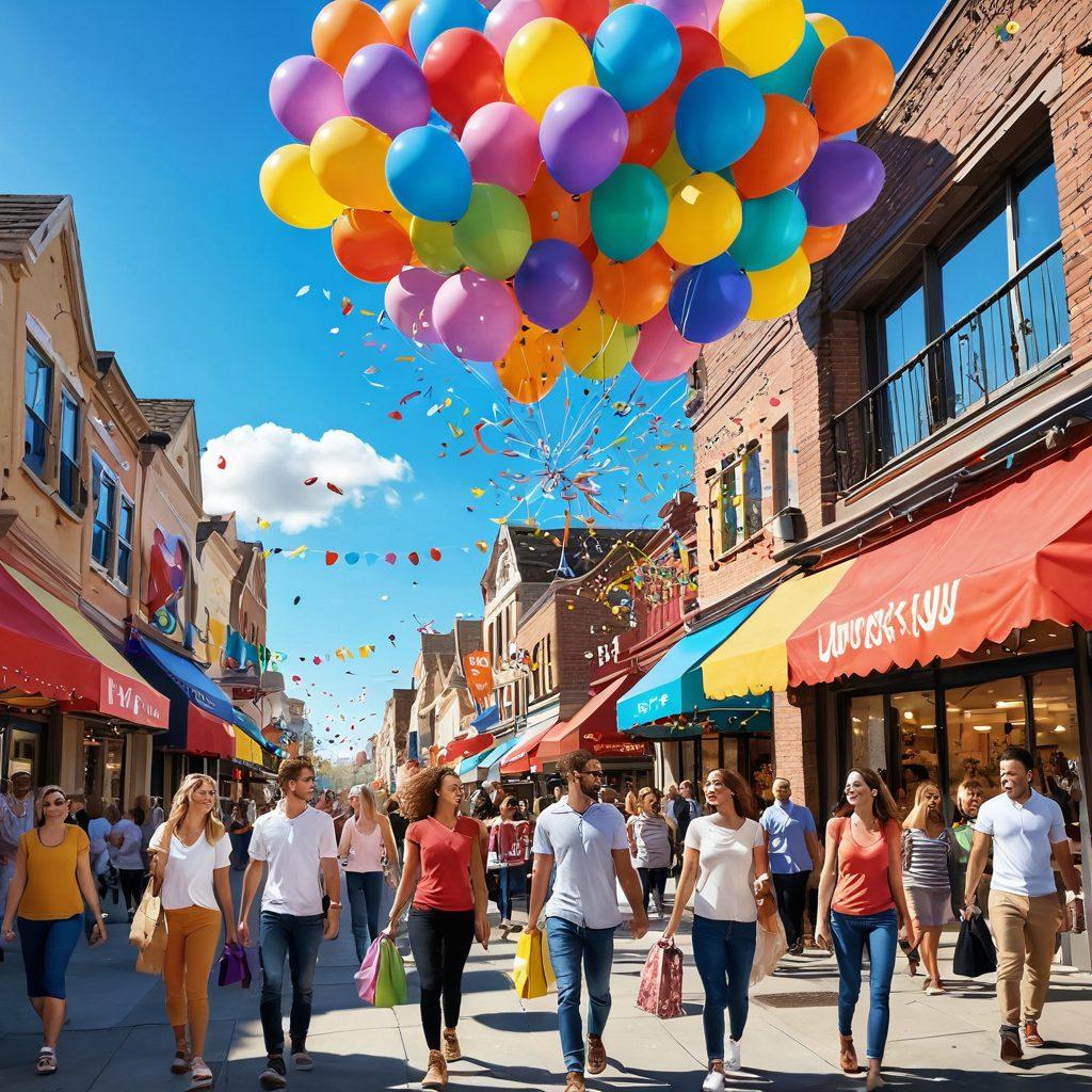 A vibrant marketplace scene filled with colorful overstock merchandise, showcasing cheerful shoppers with big smiles as they discover amazing deals. Bright balloons and confetti in the air enhance the joyful atmosphere. A large banner reading 'Unlock Joyful Savings!' is prominently displayed. The background has a sunny sky, adding to the uplifting mood. cartoonish style. vibrant colors. dynamic composition.